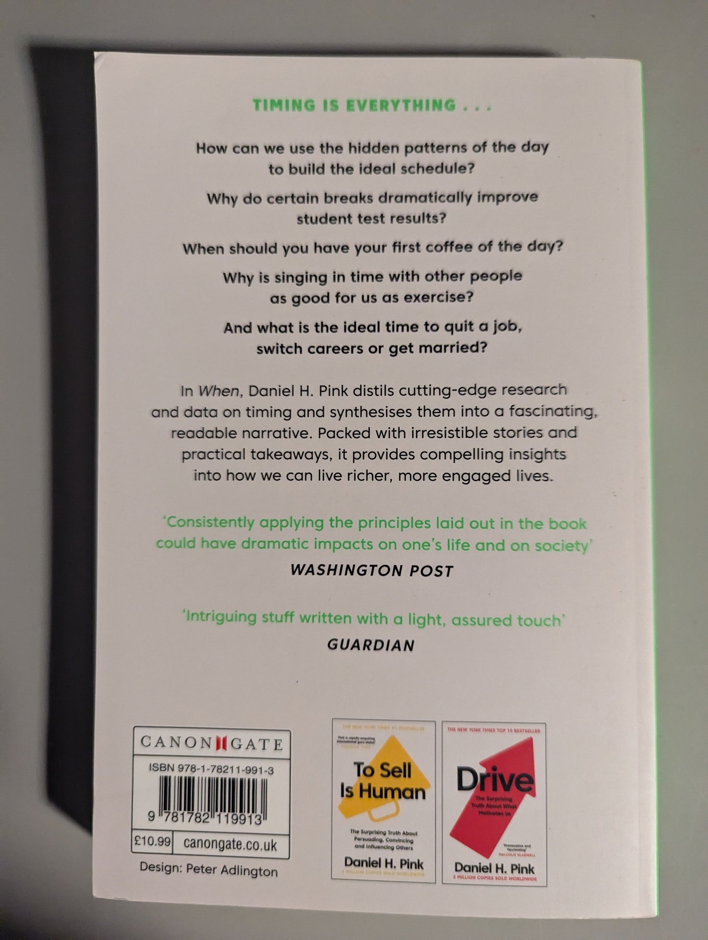 Back cover of When by Daniel H. Pink, showcasing the book's synopsis and secondhand condition, available at PrelovedLibrary.co.uk