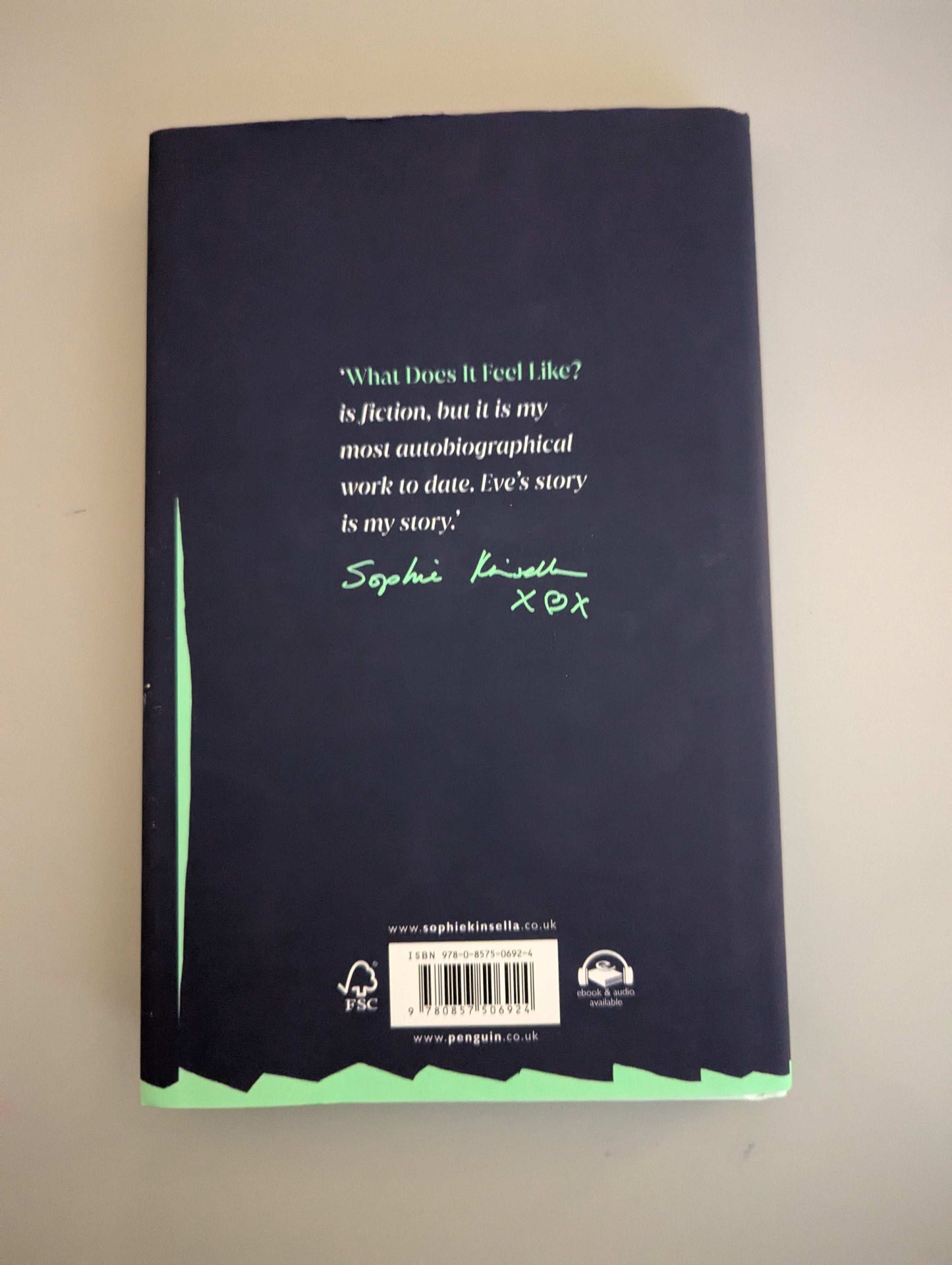 Back cover of What Does it Feel Like by Sophie Kinsella, showcasing the book's synopsis and secondhand condition, available at PrelovedLibrary.co.uk