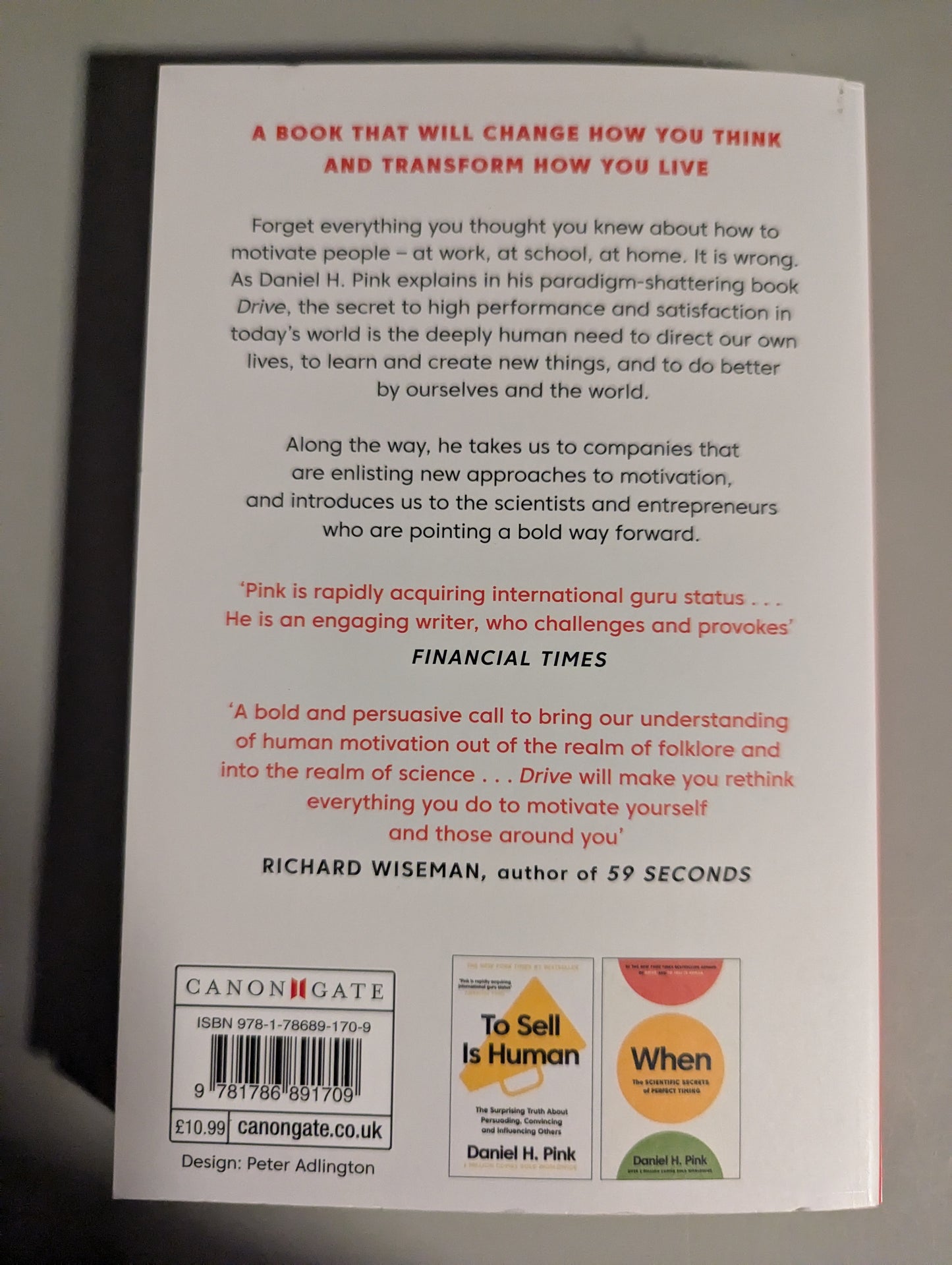 Back cover of Drive by Daniel H. Pink, showcasing the book's synopsis and secondhand condition, available at PrelovedLibrary.co.uk