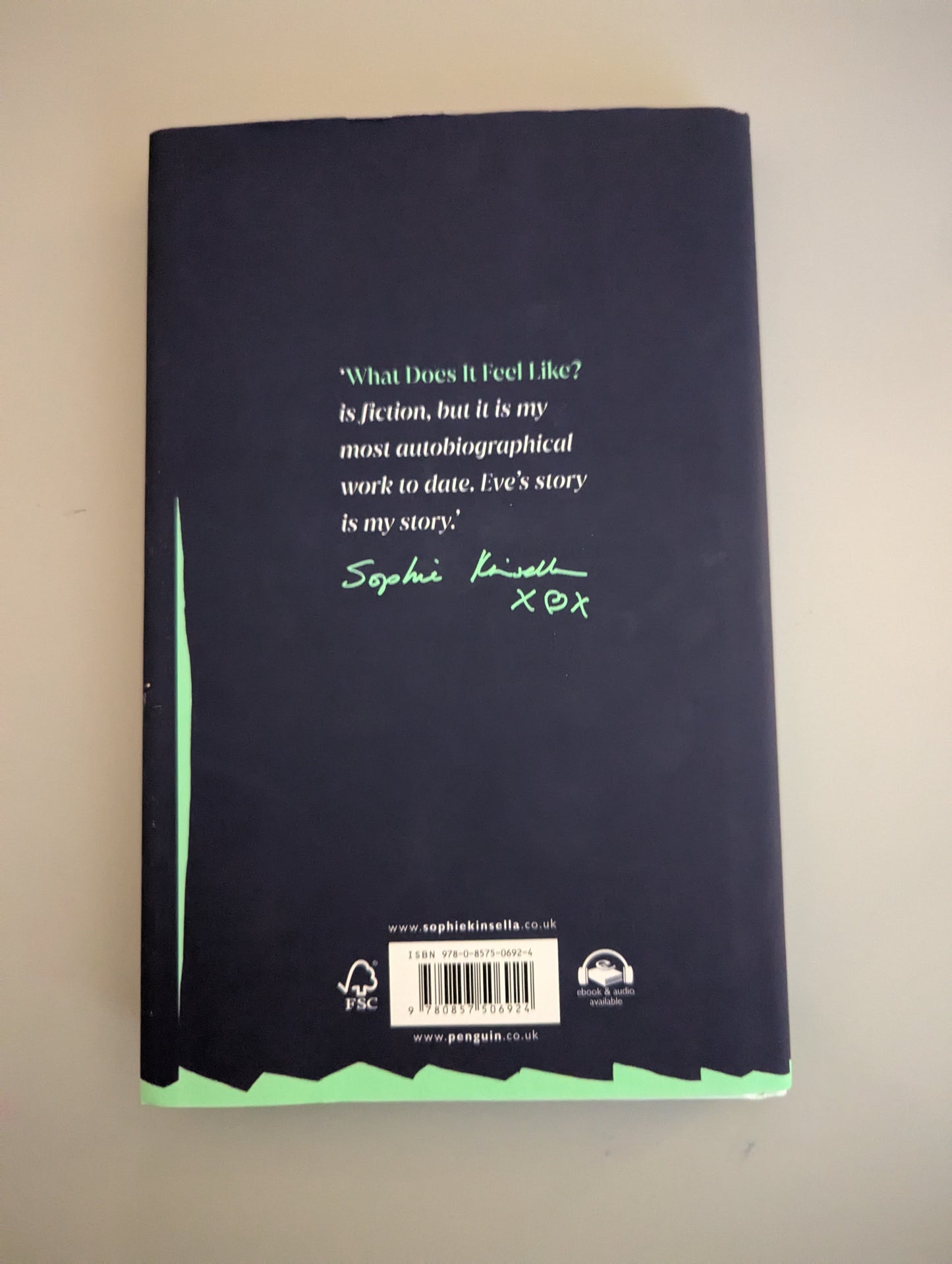 Back cover of What Does it Feel Like by Sophie Kinsella, showcasing the book's synopsis and secondhand condition, available at PrelovedLibrary.co.uk