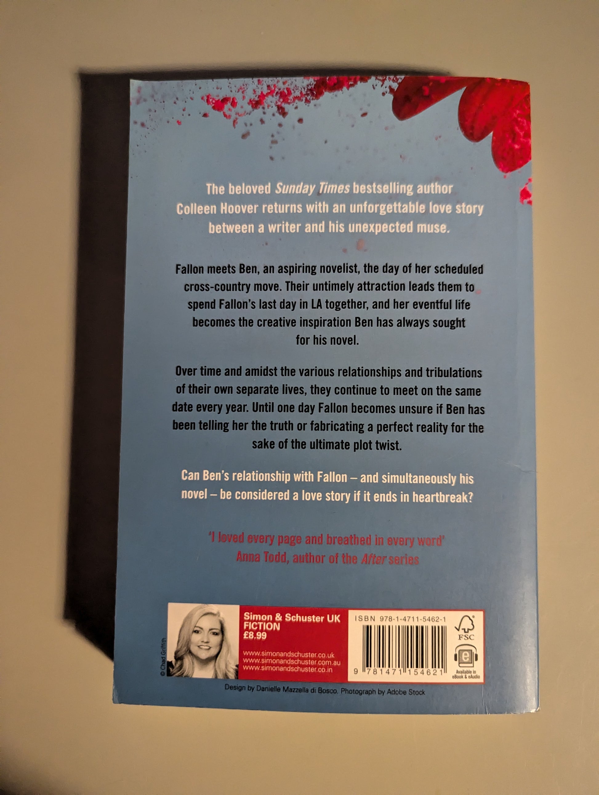 Back cover of November 9 by Colleen Hoover, showcasing the book's synopsis and secondhand condition, available at PrelovedLibrary.co.uk