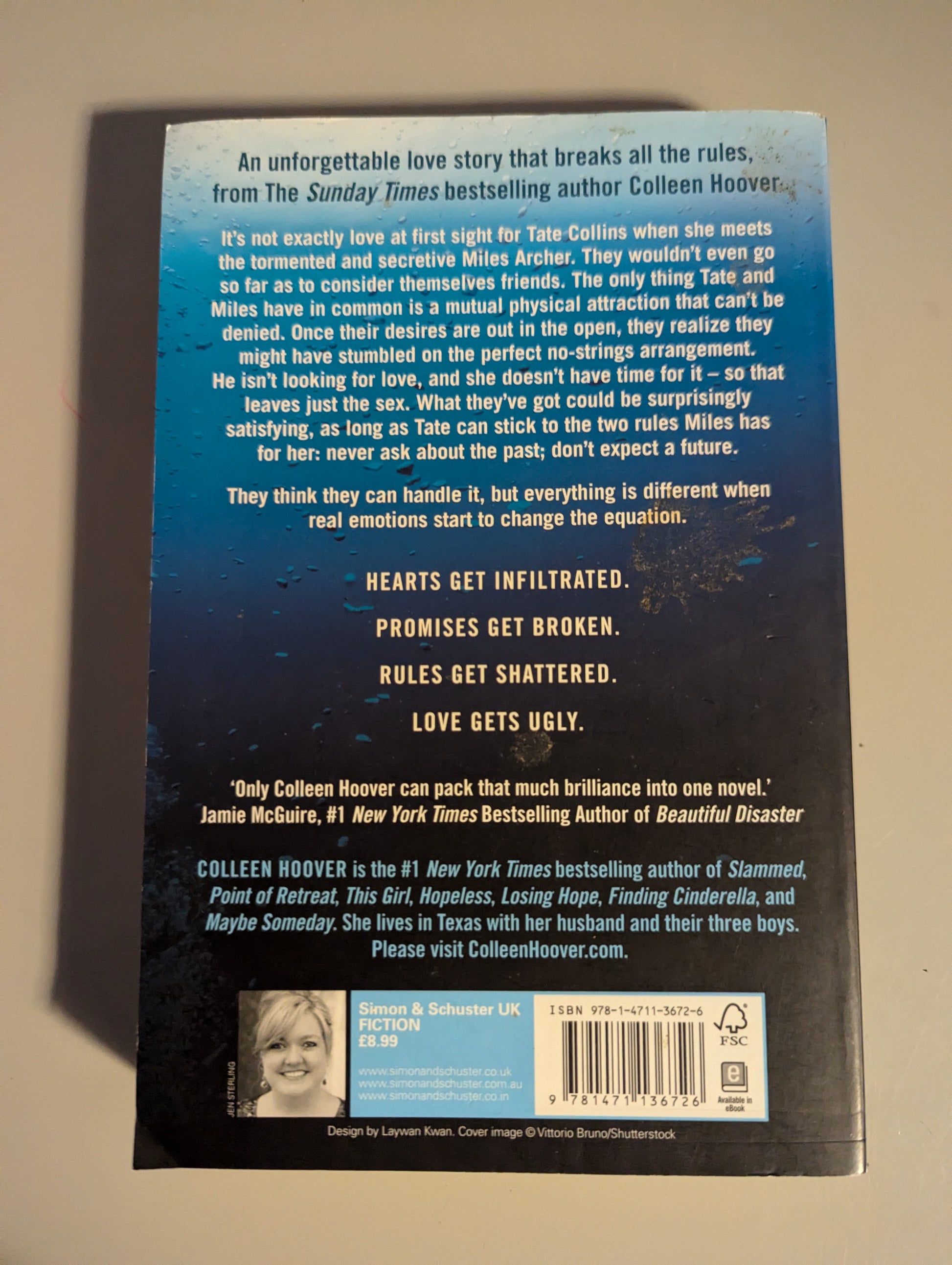 Back cover of Ugly Love by Colleen Hoover, showcasing the book's synopsis and secondhand condition, available at PrelovedLibrary.co.uk